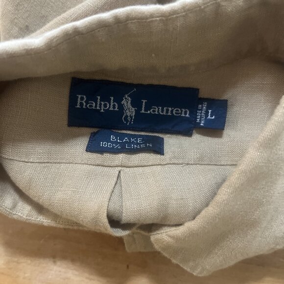 Ralph Lauren L Large Linen Blake Button Down Shirt Men Khaki Short Sleeve Logo - Picture 9 of 9